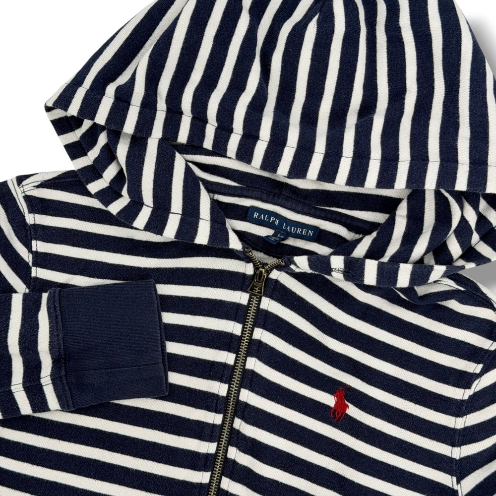 Ralph Lauren Jacket Women S Navy White Striped Full Zip Hooded Viscose Pony Prep